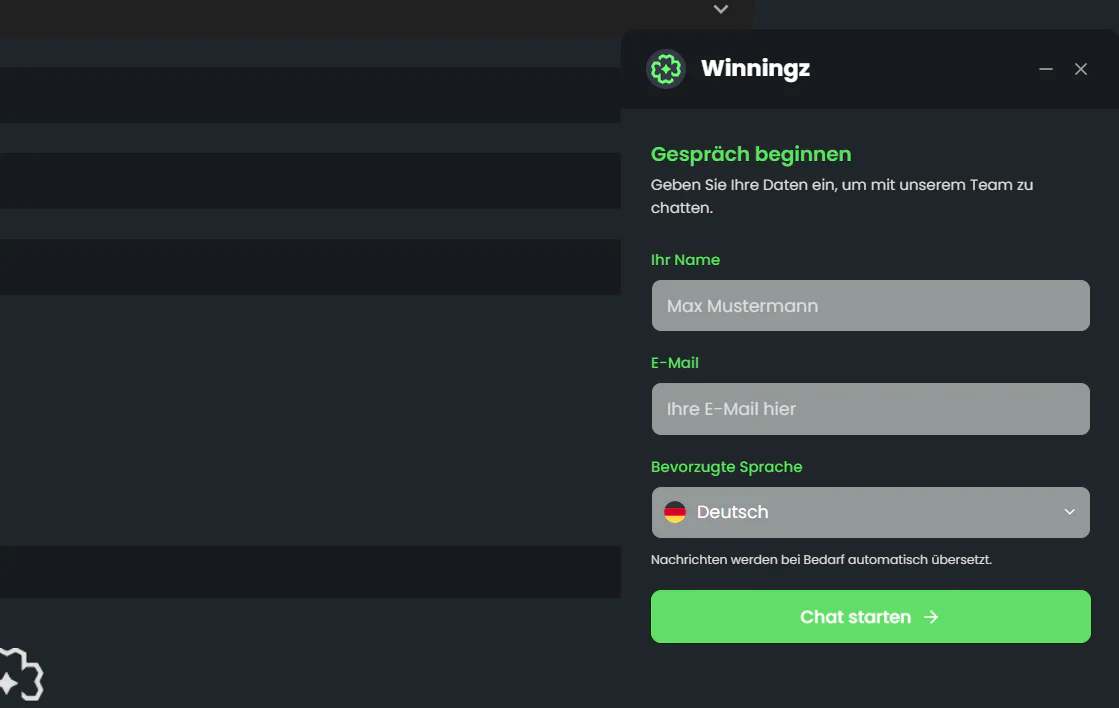 Winningz Casino Live-Chat mit Eingabefeldern für Name, E-Mail und bevorzugte Sprache sowie deutschsprachigem Kundensupport