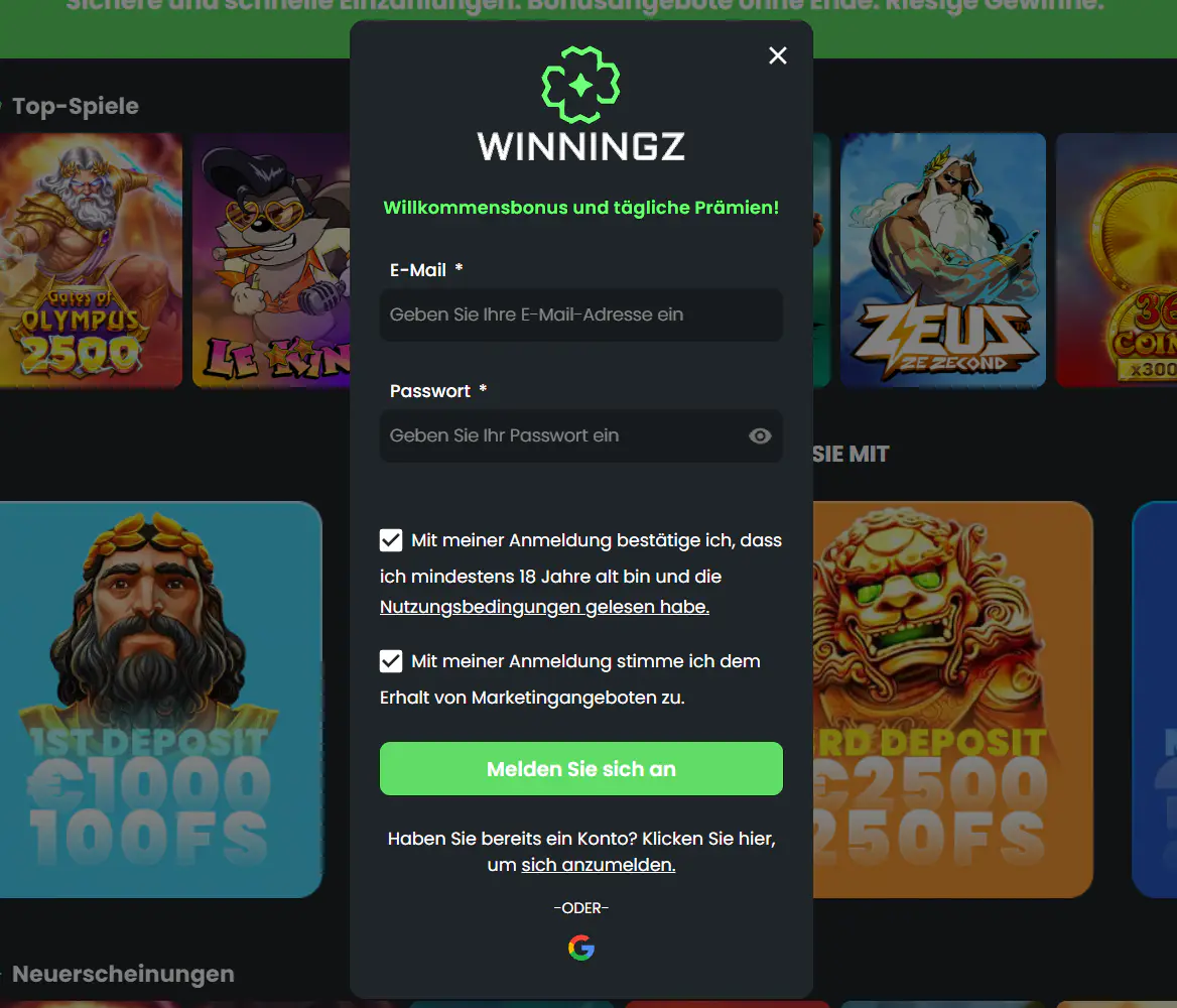 Winningz Casino Registrierungsformular mit E-Mail, Passwort, Altersbestätigung und Google-Anmeldung