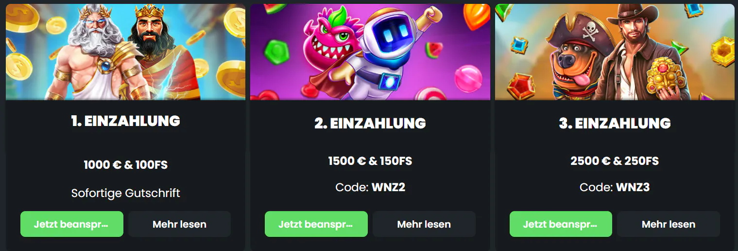 Winningz Casino Willkommensbonus mit bis zu 5.000 € und 500 Freispielen über drei Einzahlungen sowie den Bonuscodes WNZ2 und WNZ3